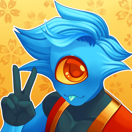 Digital drawing of a blue cyclops sticking their tongue out. They're doing the peace sign.