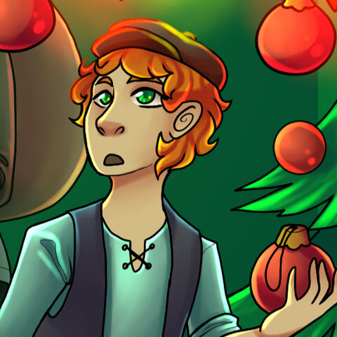 A digital illustration of a young man. The man has ruffled orange hair, a brown hat, light blue blouse and a dark, desaturated blue vest. He is looking up to the left, very confused.