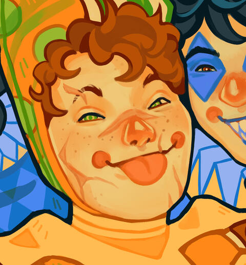 A digital drawing of the youtuber Scar by Mgeekingout. He is white with brown fluffy hair. He has a lot of scars on his face and he is dressed in a jester outfit.